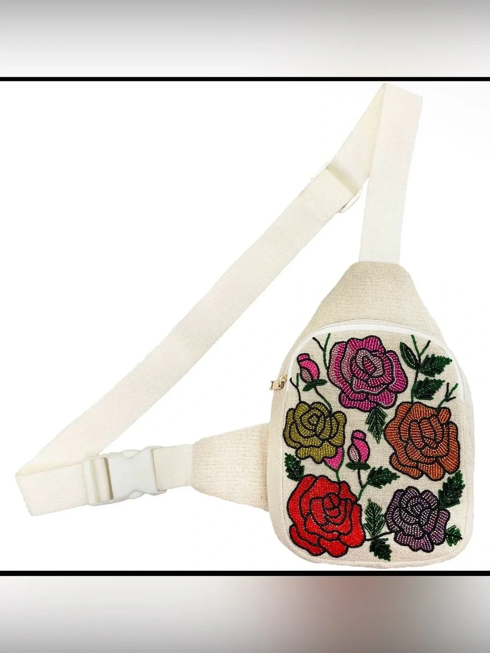 Embroidered Floral Cream Crossbody Sling Bag